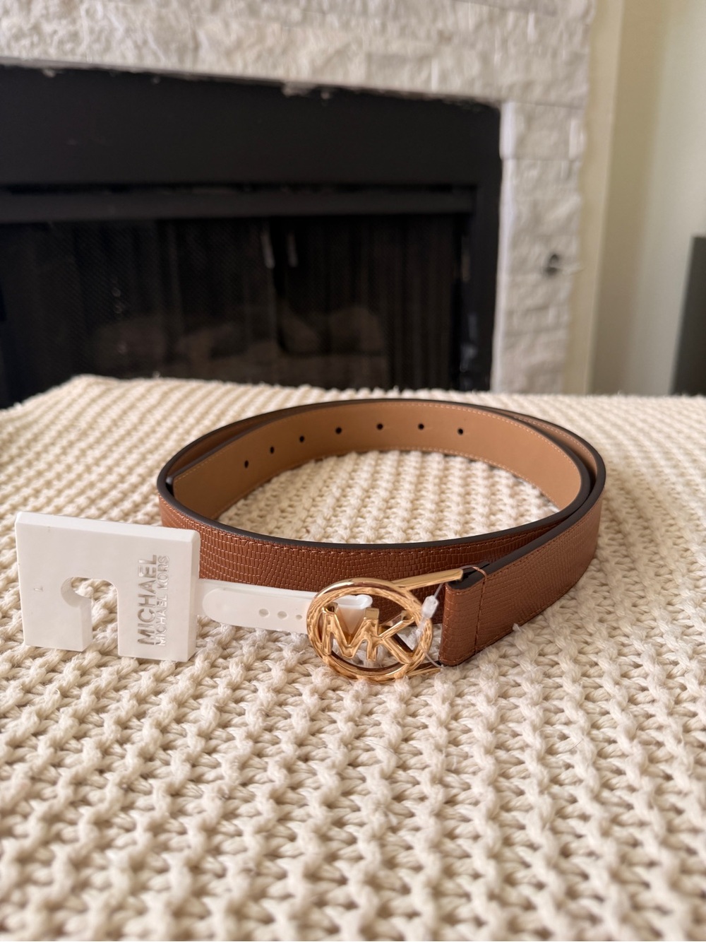 Michael Kors Brown Leather Belt with Gold MK Logo Buckle Size L